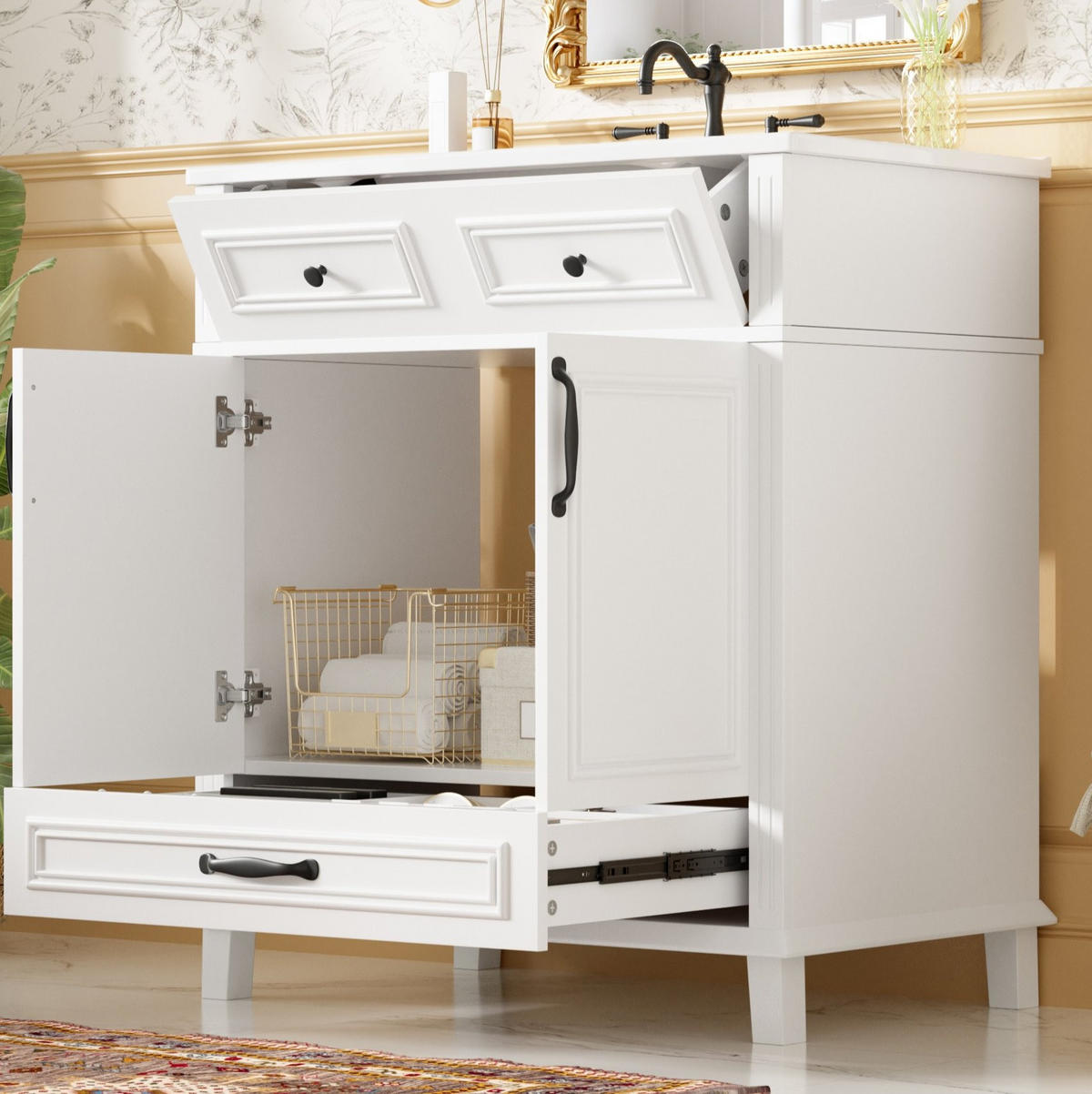 WASCHTISCH aus MDF und Keramik 77x46x86 cm Weiß mit integriertem Keramikbecken, Soft-Close und Stauraum - Weiß, Keramik (77/86/46cm) - Modfu