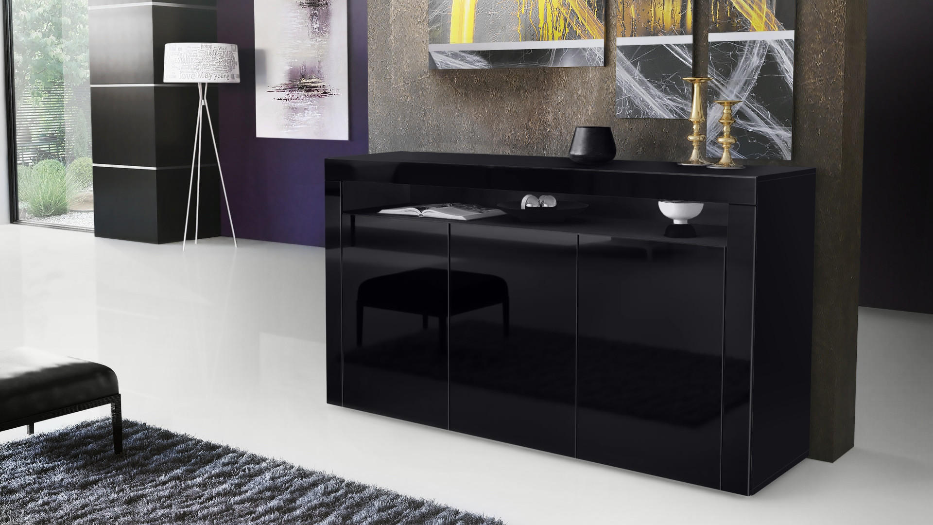 SIDEBOARD Valencia Schwarz Hochglanz / Schwarz Hochglanz - Schwarz Hochglanz, Holzwerkstoff (155/92/40cm) - Vladon