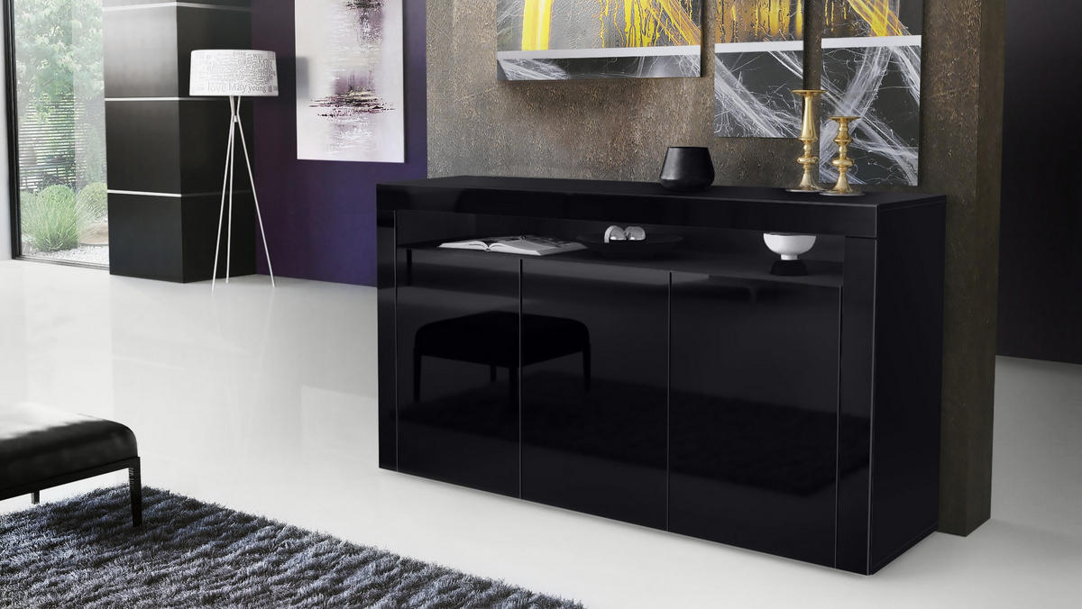 SIDEBOARD Valencia Schwarz Hochglanz / Schwarz Hochglanz - Schwarz Hochglanz, Holzwerkstoff (155/92/40cm) - Vladon