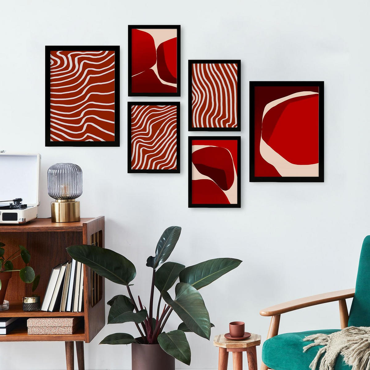 POSTER Set Mit 6 Rote Steine In Form Abstracts Ästhetische Dekorative Gemälde Für Ihr Wohnzimmer, Schlafzimmer, Zuhause A3 & A4 Schwarzer Rahmen - Schwarz, Papier (29/3cm) - Nacnic
