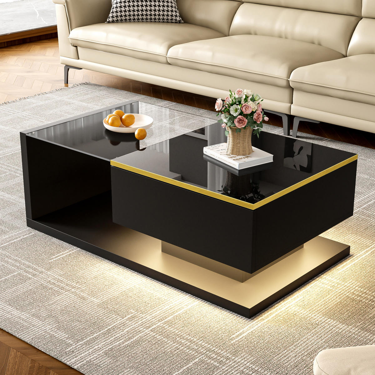 COUCHTISCH Schwarz mit verstellbarer LED und Glasplatte - Schwarz, Metall (90/50/32cm)