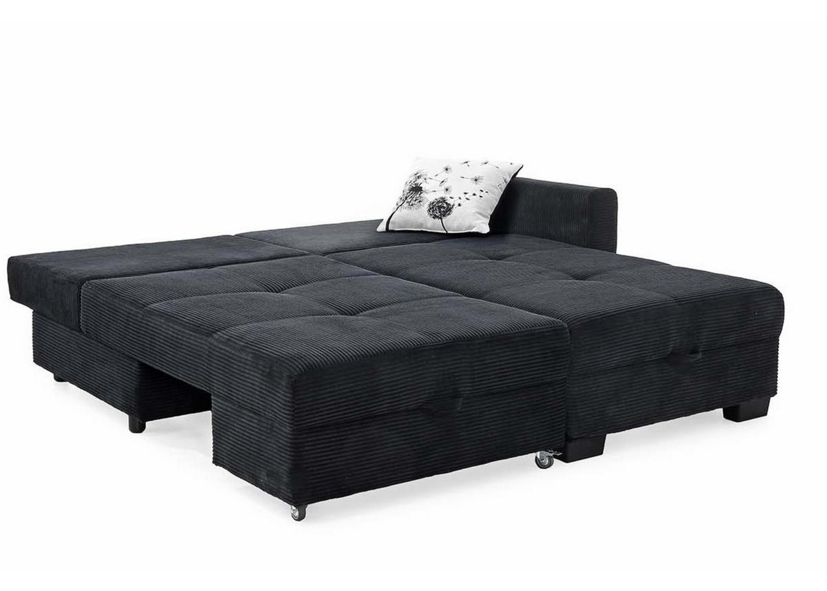 ECKSOFA Doppelbett mit Bettkasten, seitenverkehrt montierbar B247/T155/H87 cm, Liegefläche 183x207 cm, Cord Schwarz / 15216 - Schwarz, Kunststoff/Textil (247/155cm) - luma-home