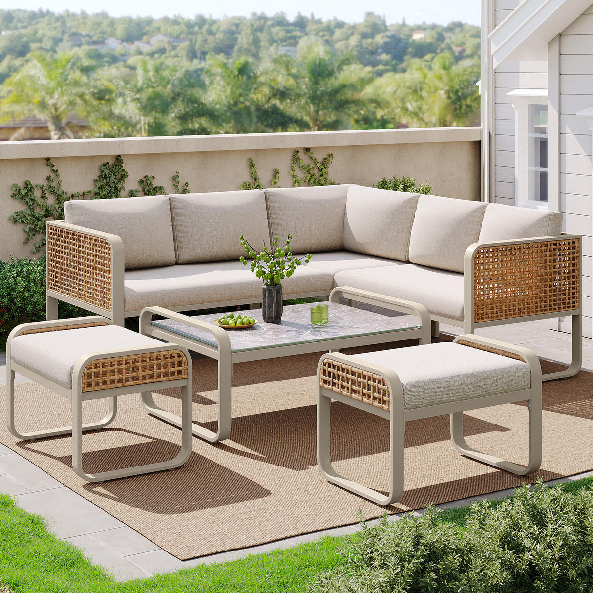 LOUNGESET 6-7 Personen Beige Rattan Mit Verstellbaren Füßen - Beige, Metall - FLIEKS