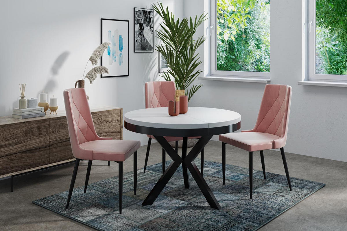 ESSTISCH Velma runder ausziehbarer, Weiß 100-140/100/76 cm - Schwarz/Weiß, Holzwerkstoff/Metall (100/100/76cm) - WFL GROUP