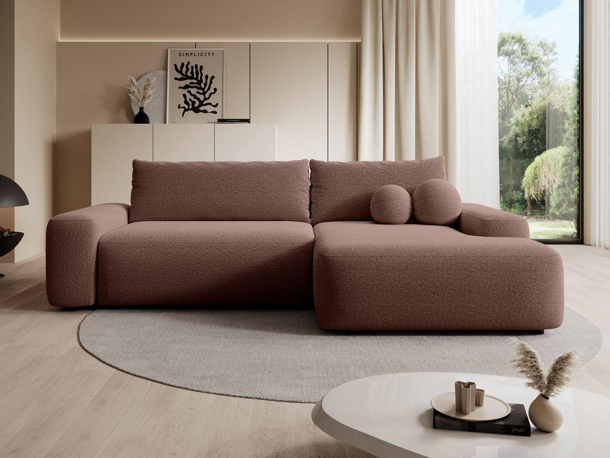 ECKSOFA RUOTA Braun Boucle-Stoff mit Schlaffunktion - Braun, Holz (264/162cm) - MASSENO