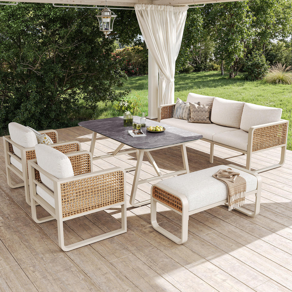 LOUNGESET 6-7 Personen Beige PE-Rattan Mit Waschbaren Kissen - Beige, Metall - FLIEKS