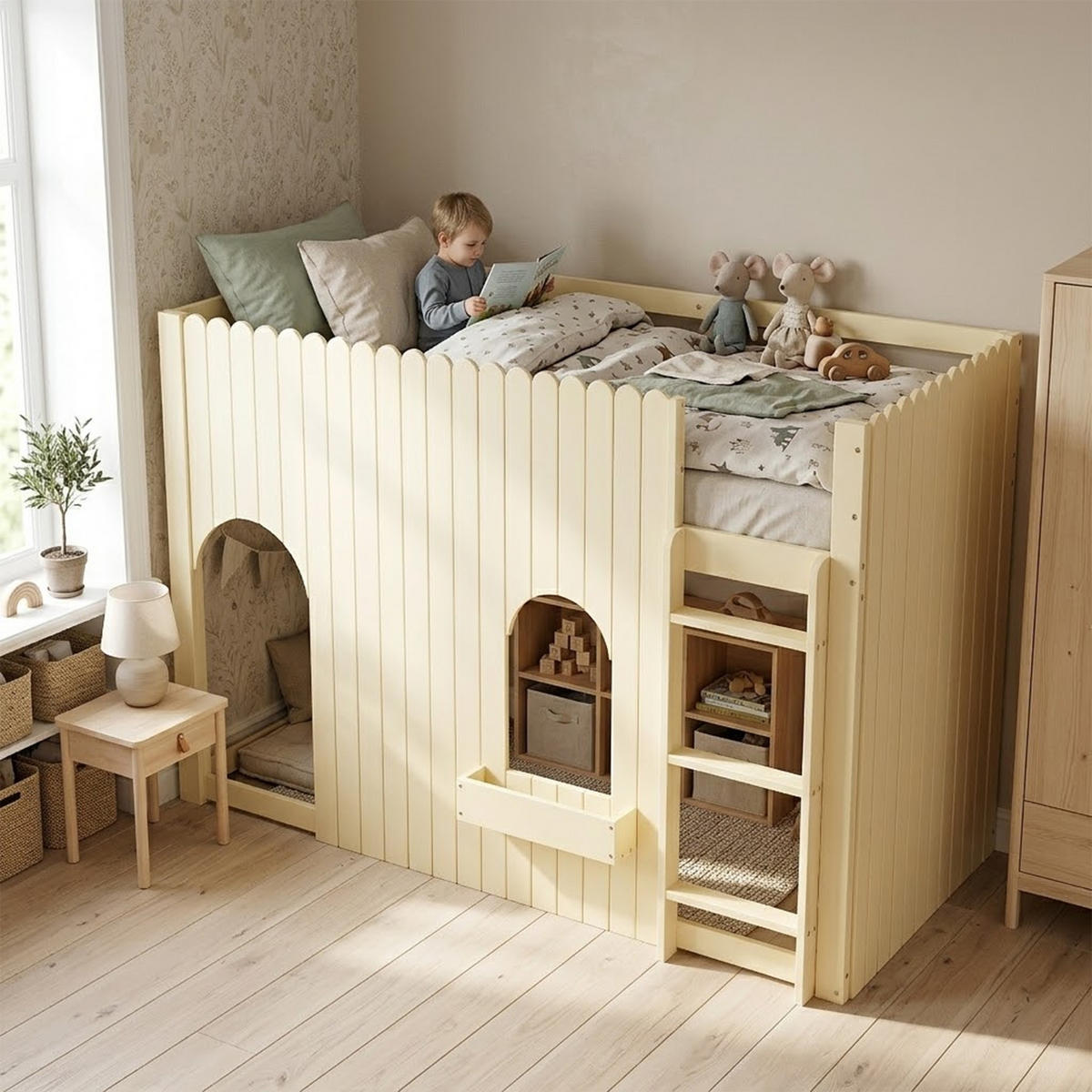 HOCHBETT 90/200 cm in Natur aus Kiefer und MDF mit LED, Leiter und Stauraum - Naturfarben, Holz/Holzwerkstoff (90/200cm) - WISHDOR