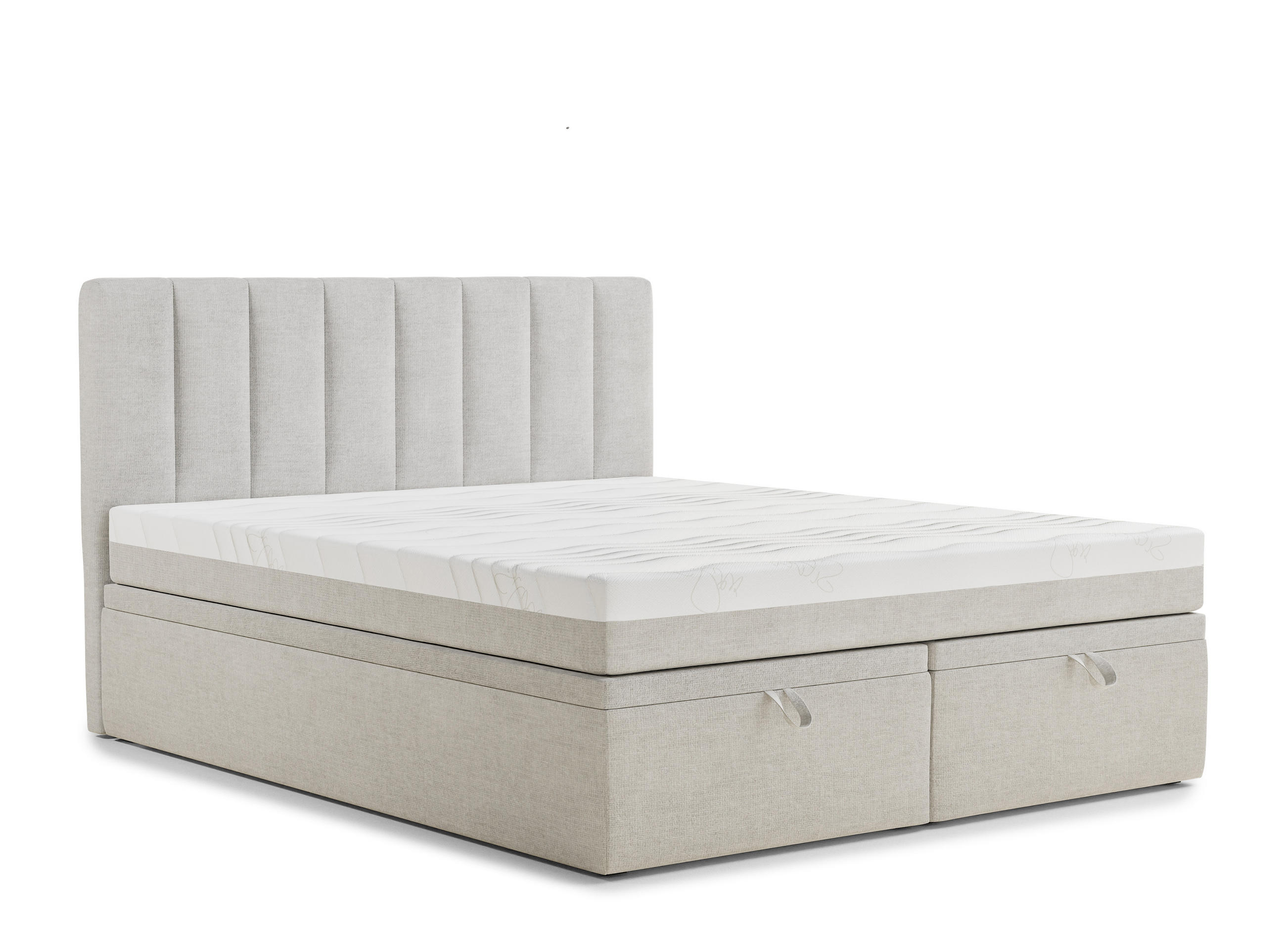 BOXBETT 160/200 cm Lovage M, in Hellbeige, Matratze, gepolstertes Kopfteil, Bettkasten, H3 = fest - Beige/Schwarz, Holz/Holzwerkstoff (160/200cm) - Maison de Reve