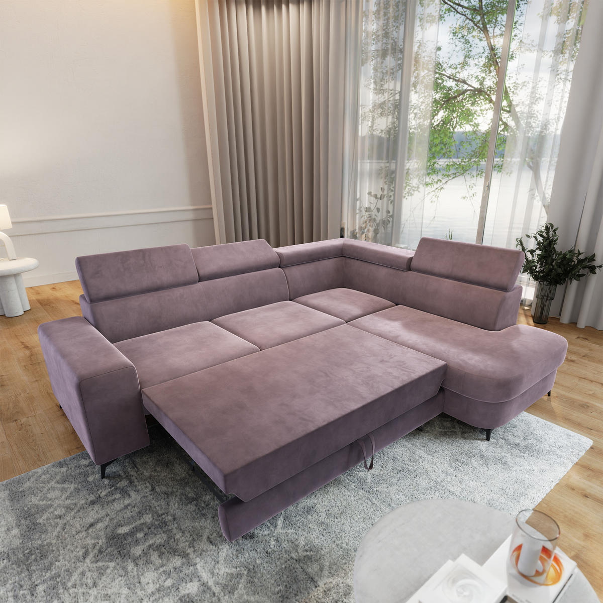 ECKSOFA ALVORO R-S Lila Velours-Stoff mit Schlaffunktion - Lila, Holz (253/190cm) - MASSENO
