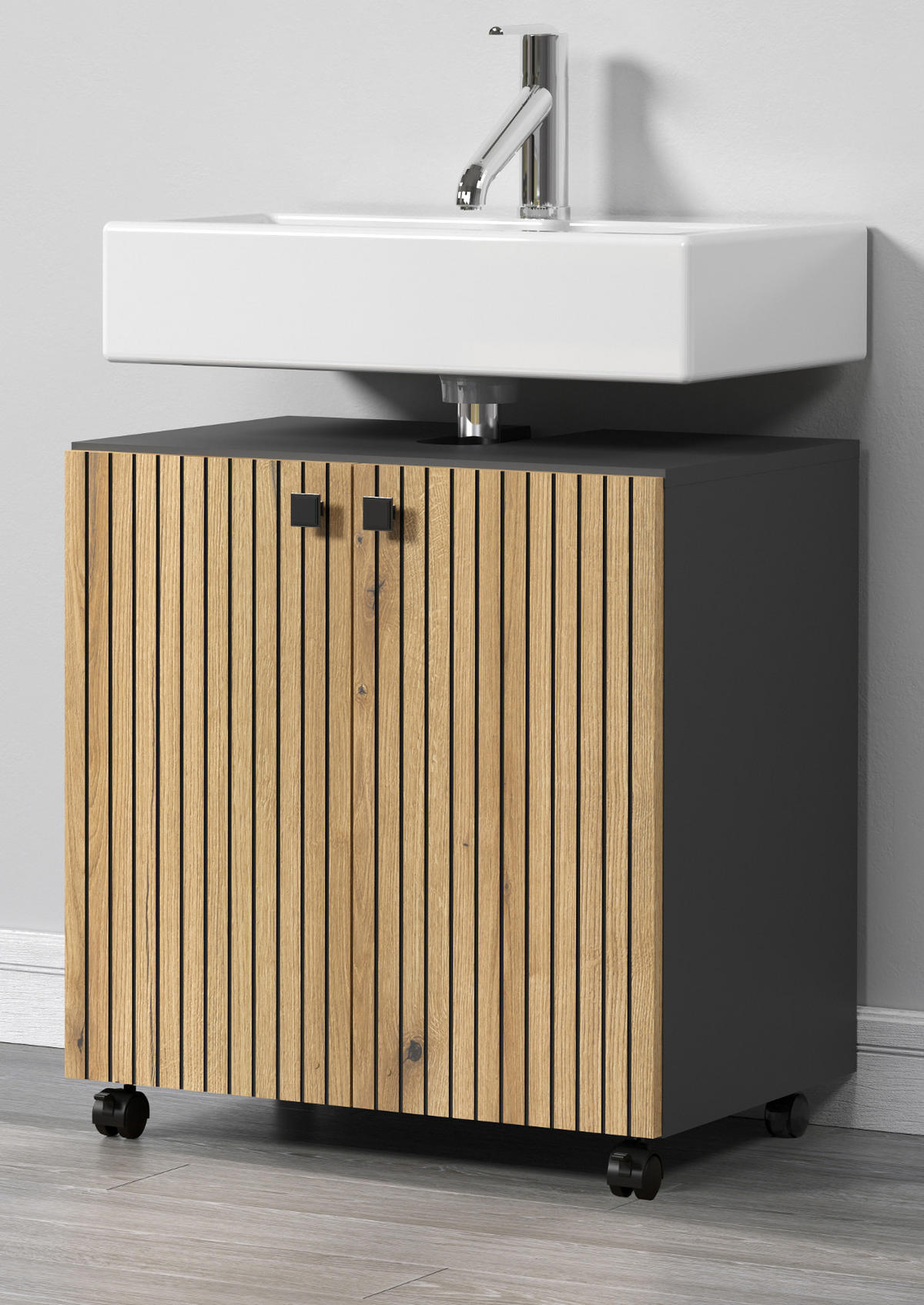 WASCHBECKENUNTERSCHRANK Evoke Eiche, grau 60 cm, Badschrank auf Rollen - Eichefarben/Anthrazit, Holzwerkstoff/Metall (60/64/42cm) - Top.Furn