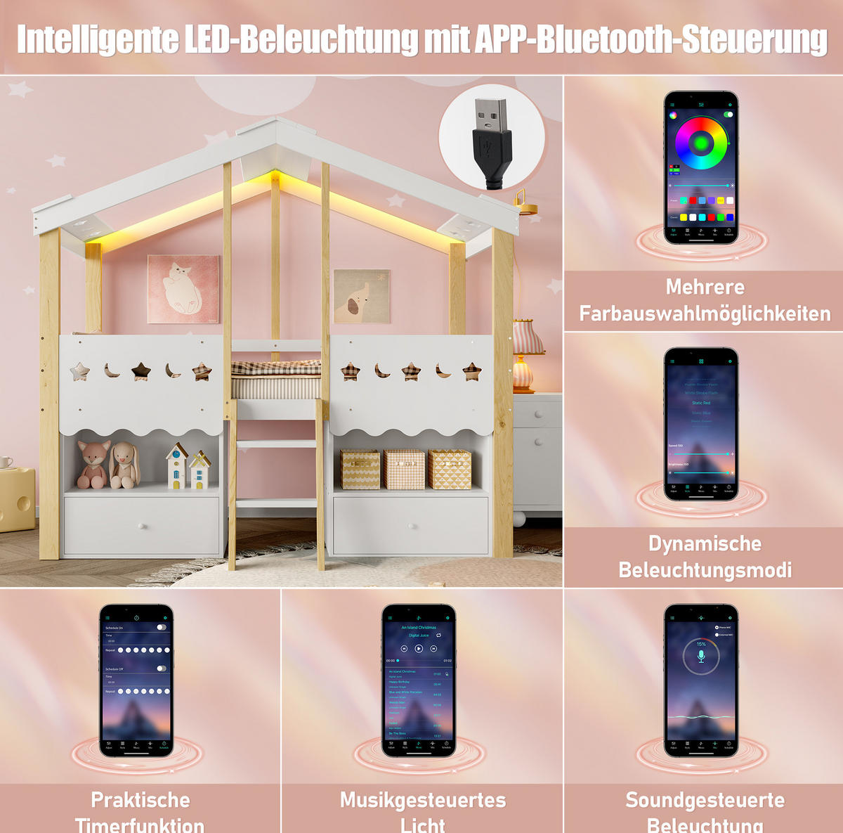HOCHBETT 90/200 cm in Hausform mit LED-Beleuchtung und 2 Schubladen - Weiß, Holz (90/200cm) - Flora Grace