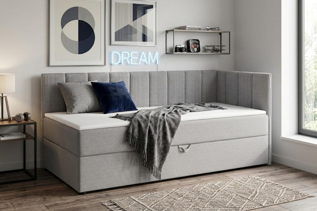 BOXBETT VIGO 90/200 cm in Cord/Velours Hellgrau H4 rechts - Hellgrau, Holz/Holzwerkstoff (90/200cm) - Deine Möbel 24