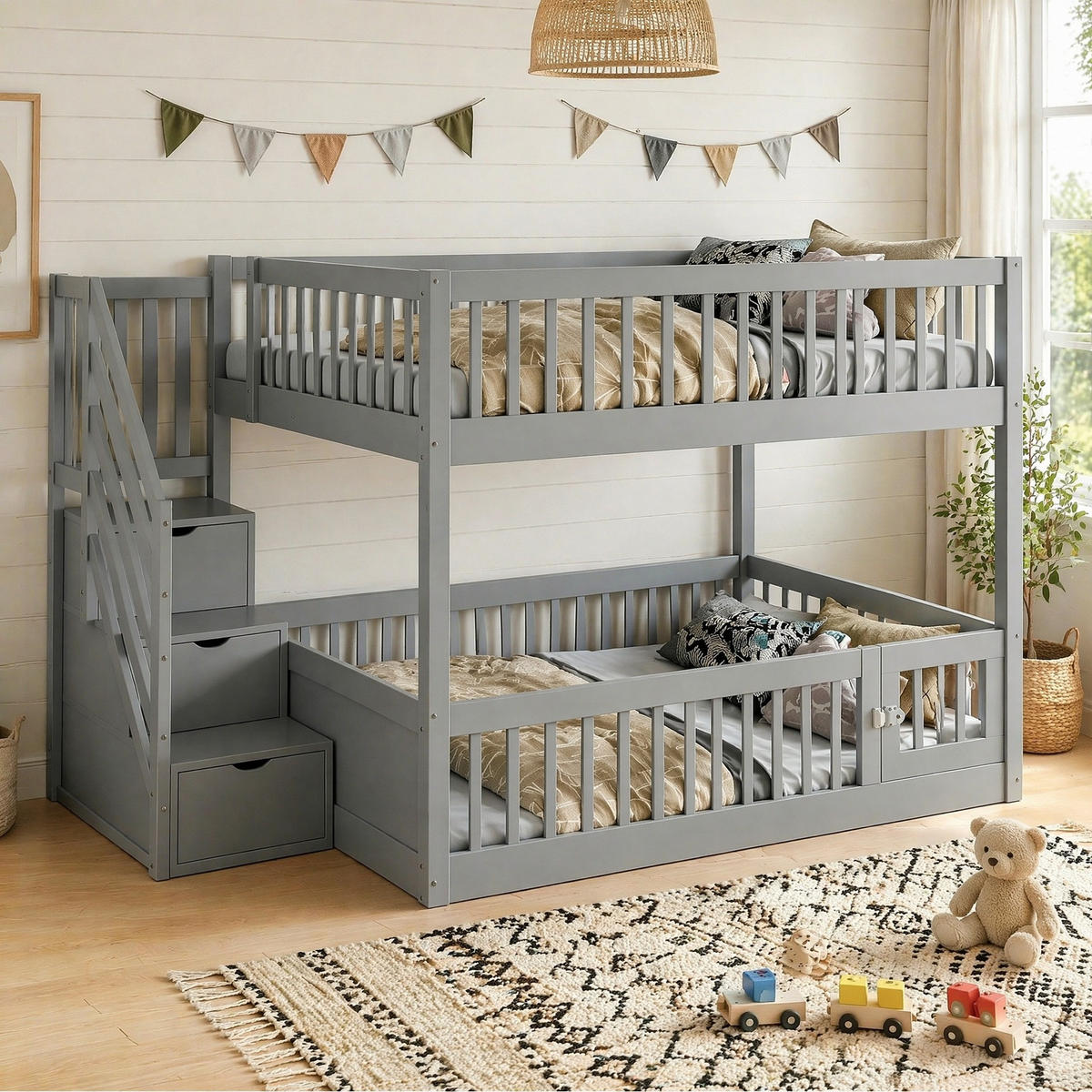 ETAGENBETT 140/200 cm aus Massivholz mit Stauraumtreppe Grau - Grau, Holz (140/200cm) - OKMYHOME