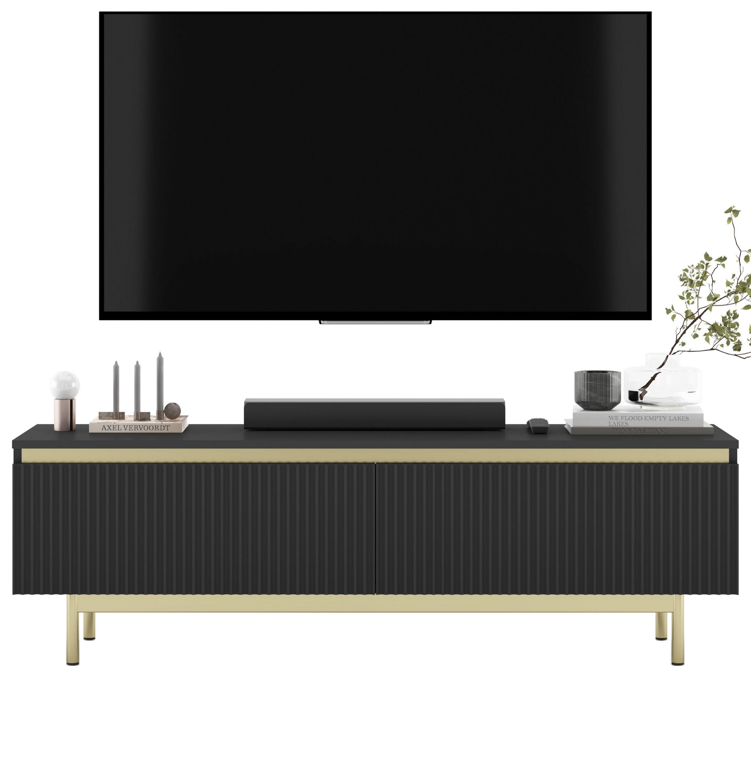 TV-SCHRANK Selene Schwarz Matt 140 cm mit Metallrahmen Glamour - Goldfarben/Schwarz, Holzwerkstoff (140/44/35cm) - Meble Lindner