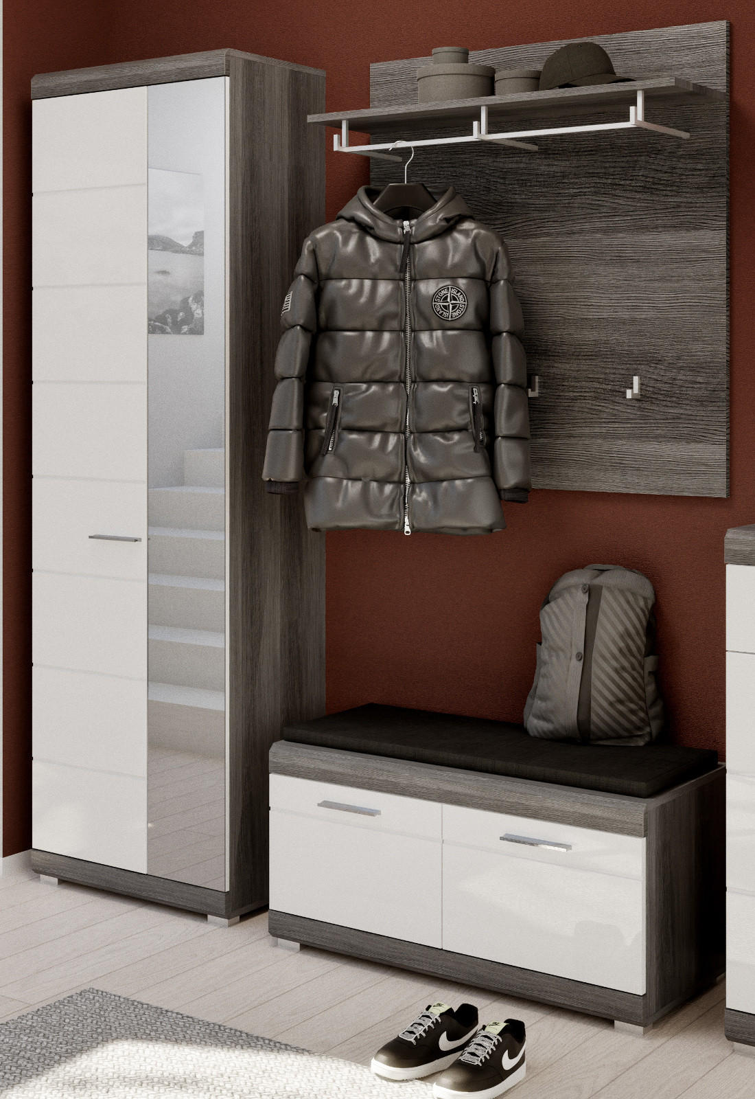 GARDEROBE Set 3-teilig weiß Hochglanz und grau, Garderobenkombination mit Schuhschrank - Chromfarben/Weiß Hochglanz, Holzwerkstoff/Kunststoff (167/197/40cm) - Inn.Furn