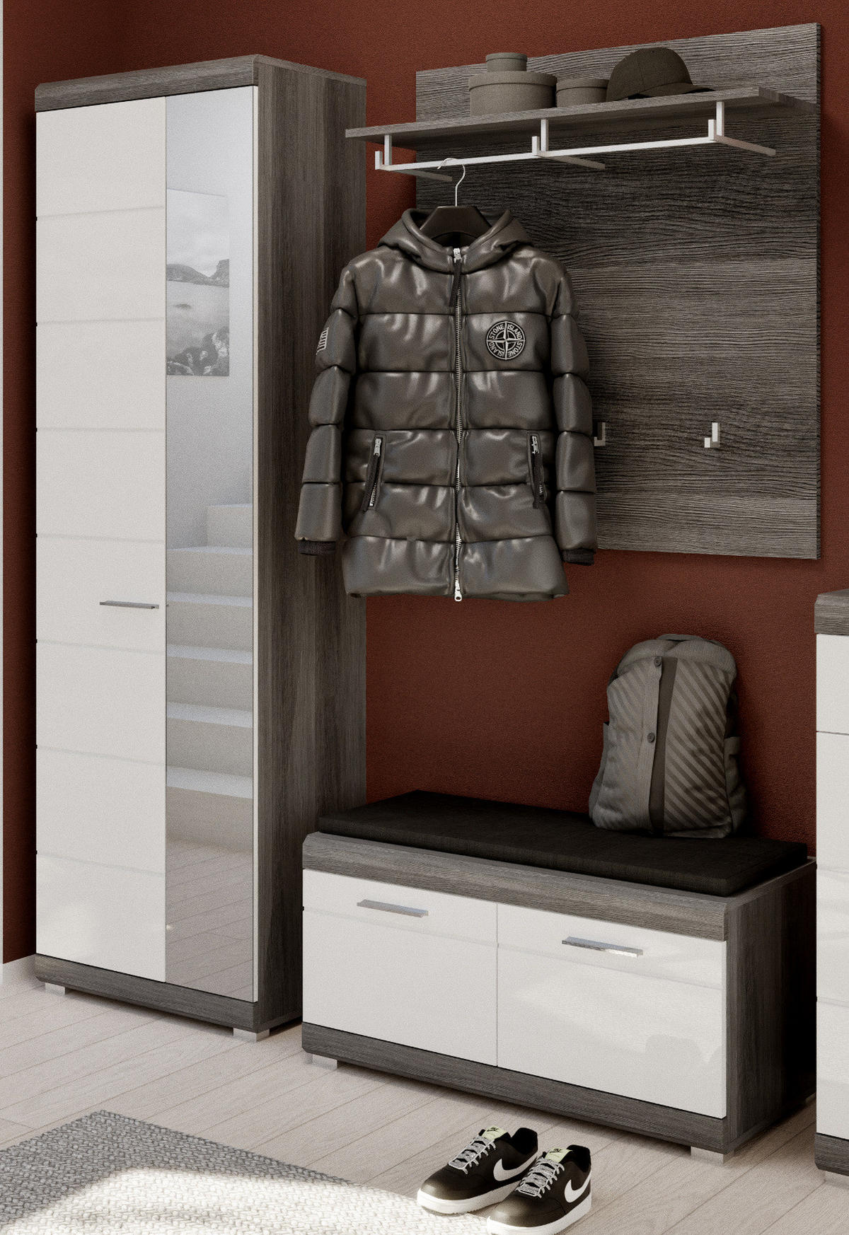 GARDEROBE Set 3-teilig weiß Hochglanz und grau, Garderobenkombination mit Schuhschrank - Chromfarben/Weiß Hochglanz, Holzwerkstoff/Kunststoff (167/197/40cm) - Inn.Furn