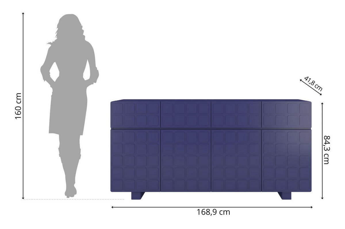 SIDEBOARD Cubo Long, Geometrische 3D Fronten, 169 cm, Marineblau - Dunkelblau, Holz/Holzwerkstoff (168.9/83.8/41.8cm) - Skandica