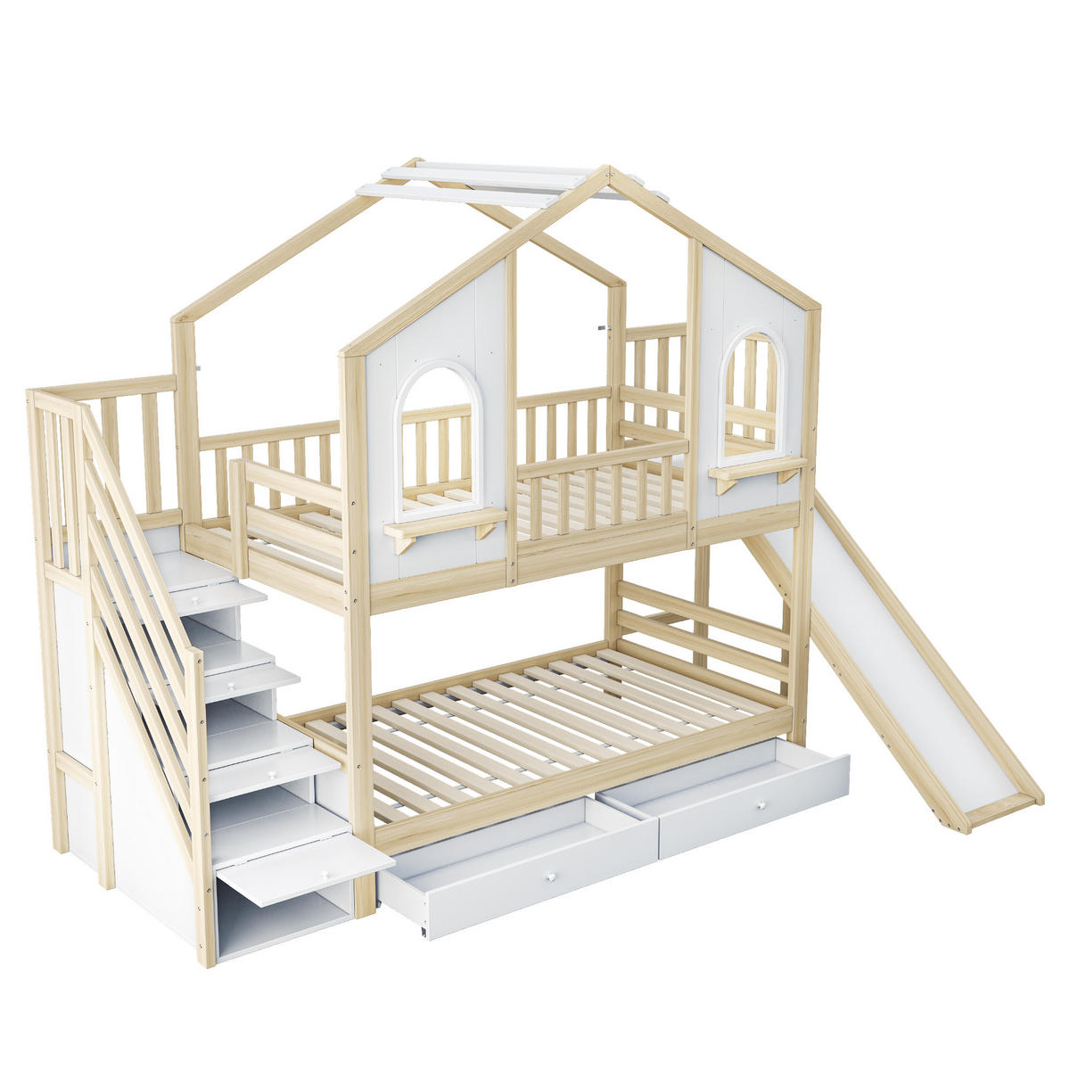ETAGENBETT 90/200 mit Rutsche, Aufbewahrungsleiter und Schubladen - Naturfarben, Holz (90/200cm) - EVRYAE