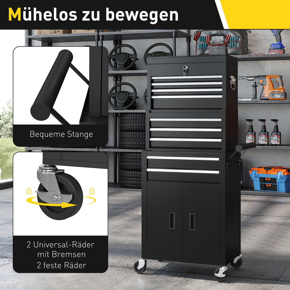 WERKZEUGKISTE 3-IN-1, rollender Werkzeugschrank mit 9 Schubladen, Stahl, Schwarz - Schwarz, Metall (33/133/69.5cm) - HOMCOM