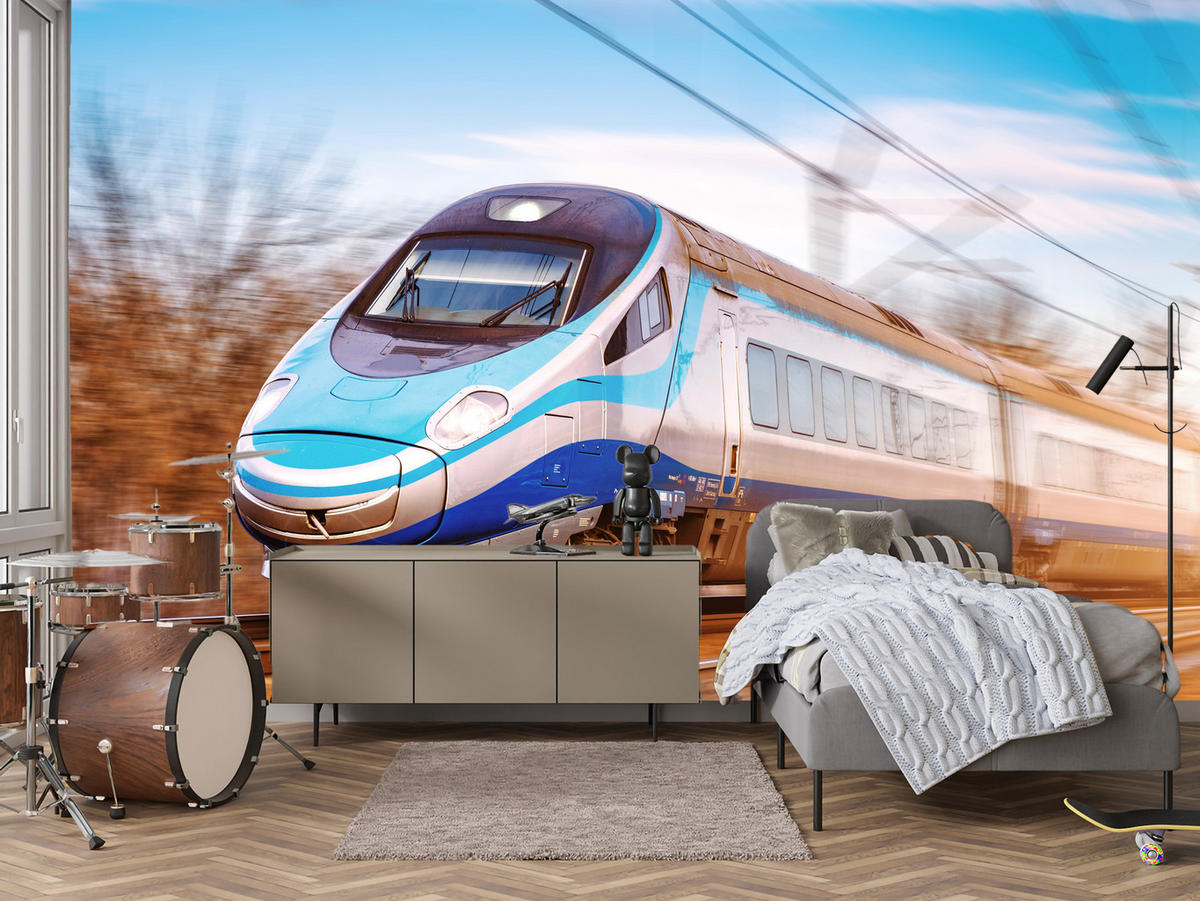 FOTOTAPETE für Wohnzimmer Moderner Zug Eisenbahnschienen 200x140 - Blau/Schwarz, Papier (200/140cm) - Muralo