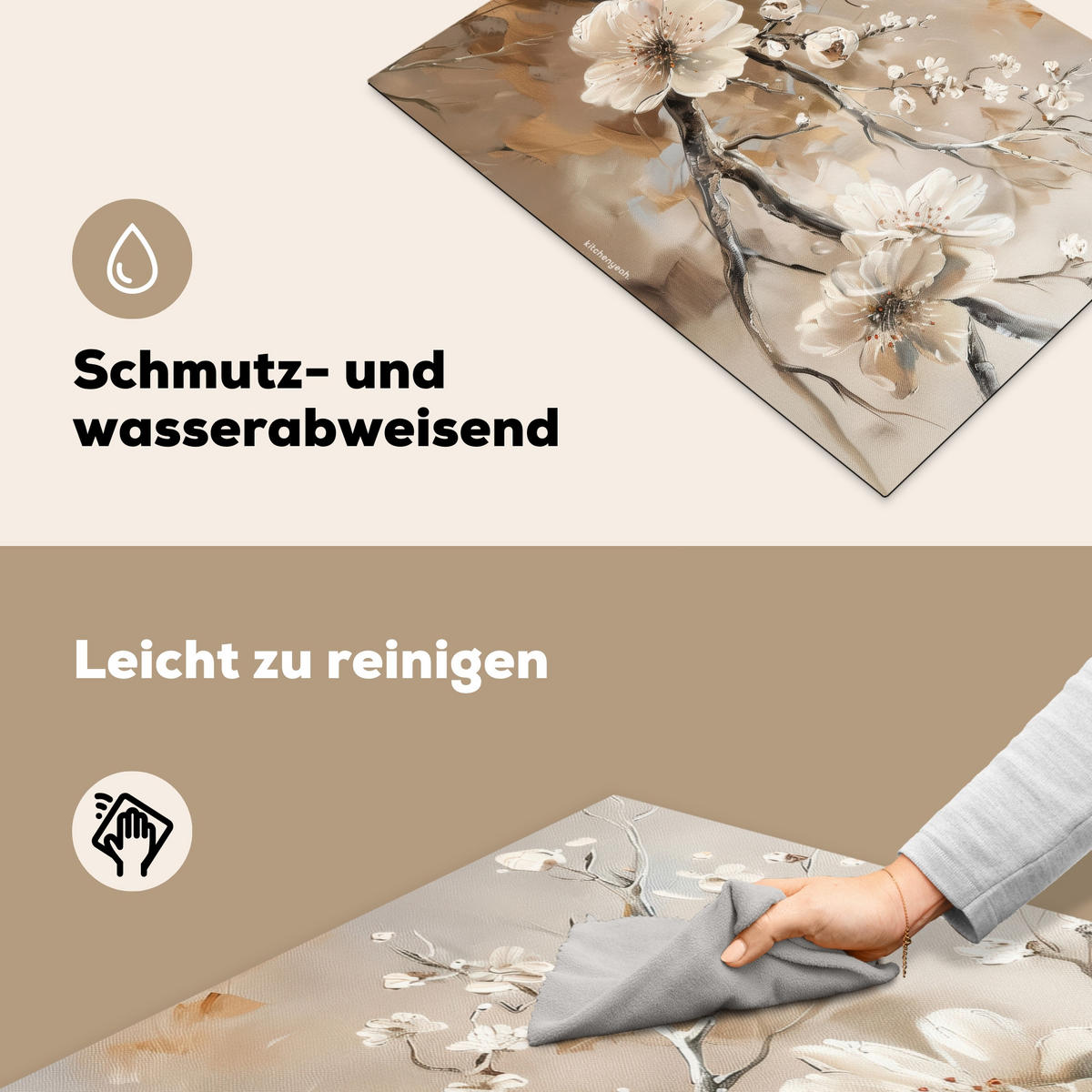 HERDABDECKPLATTE Blumen - Abstrakt - Gemalt - Beige 70x52 cm - Beige, Kunststoff (70/52/0.2cm) - MuchoWow