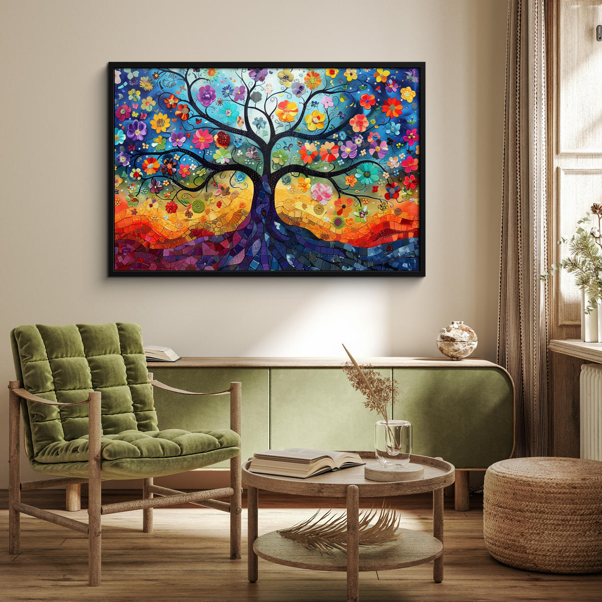 ZARÁMOVANÝ PLAGÁT Umenie - Strom života - Kvety - Hippie 120x80 cm - tmavomodrá, papier (120/80cm) - MuchoWow