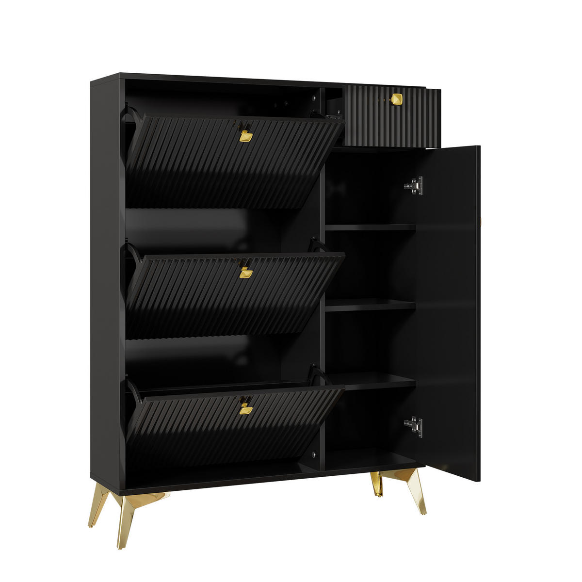 HIGHBOARD mit Rillenfront & goldenen Akzenten - Schwarz, Holzwerkstoff (90/121/25cm) - Urban Meuble