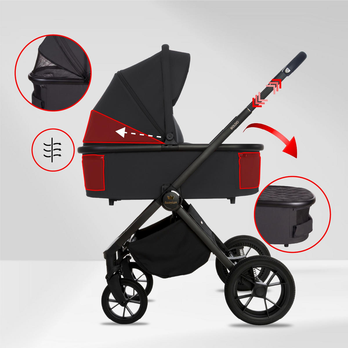 KINDERWAGEN Boldo 3in1 Schwarz Babywanne, Buggy Sportsitz, Babyschale I-Size - Schwarz, Textil/Metall (58/98cm) - BabyLux