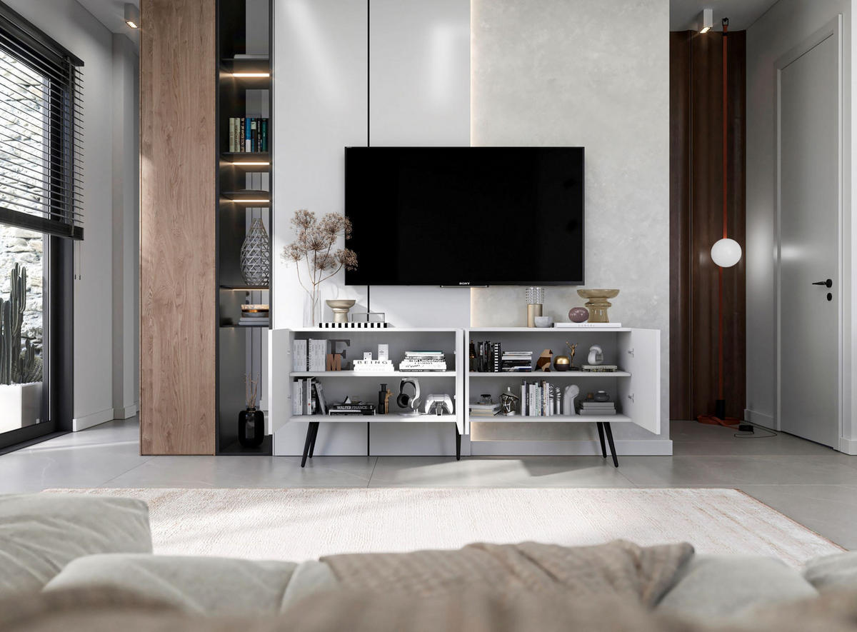 TV-SCHRANK Elpis Weiß Matt mit Metallbeine Glamour 150 cm - Schwarz/Weiß, Holzwerkstoff/Metall (150/60.5/36.5cm) - Meble Lindner