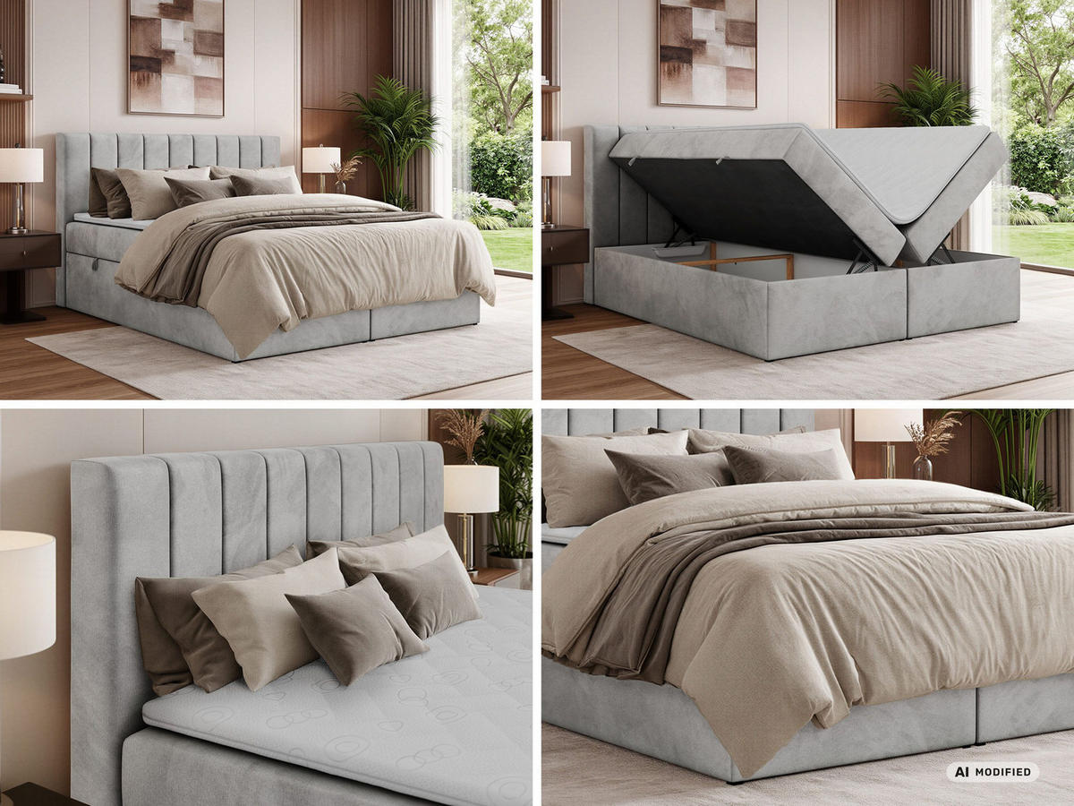 BOXBETT ALVER 200/200 - Hellgrau Velvet - Topper T25 - H3 - Hellgrau/Schwarz, Kunststoff/Textil (200/200cm) - MKS