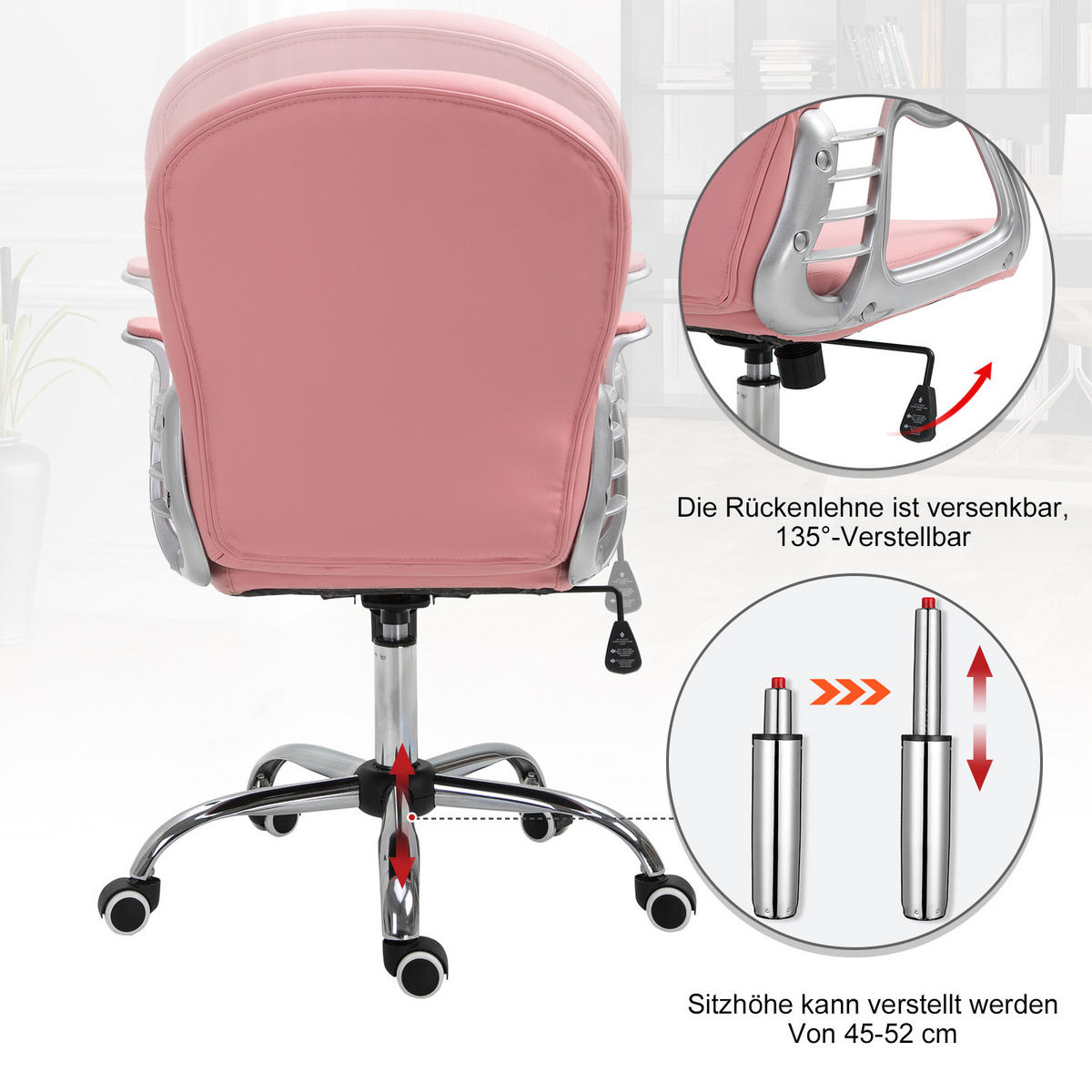 ERGONOMISCHER Bürostuhl Chefsessel Gepolsterte Rückenlehne Kunstleder Rosa - Rosa, Kunststoff (60.5/103/59.5cm) - Vinsetto