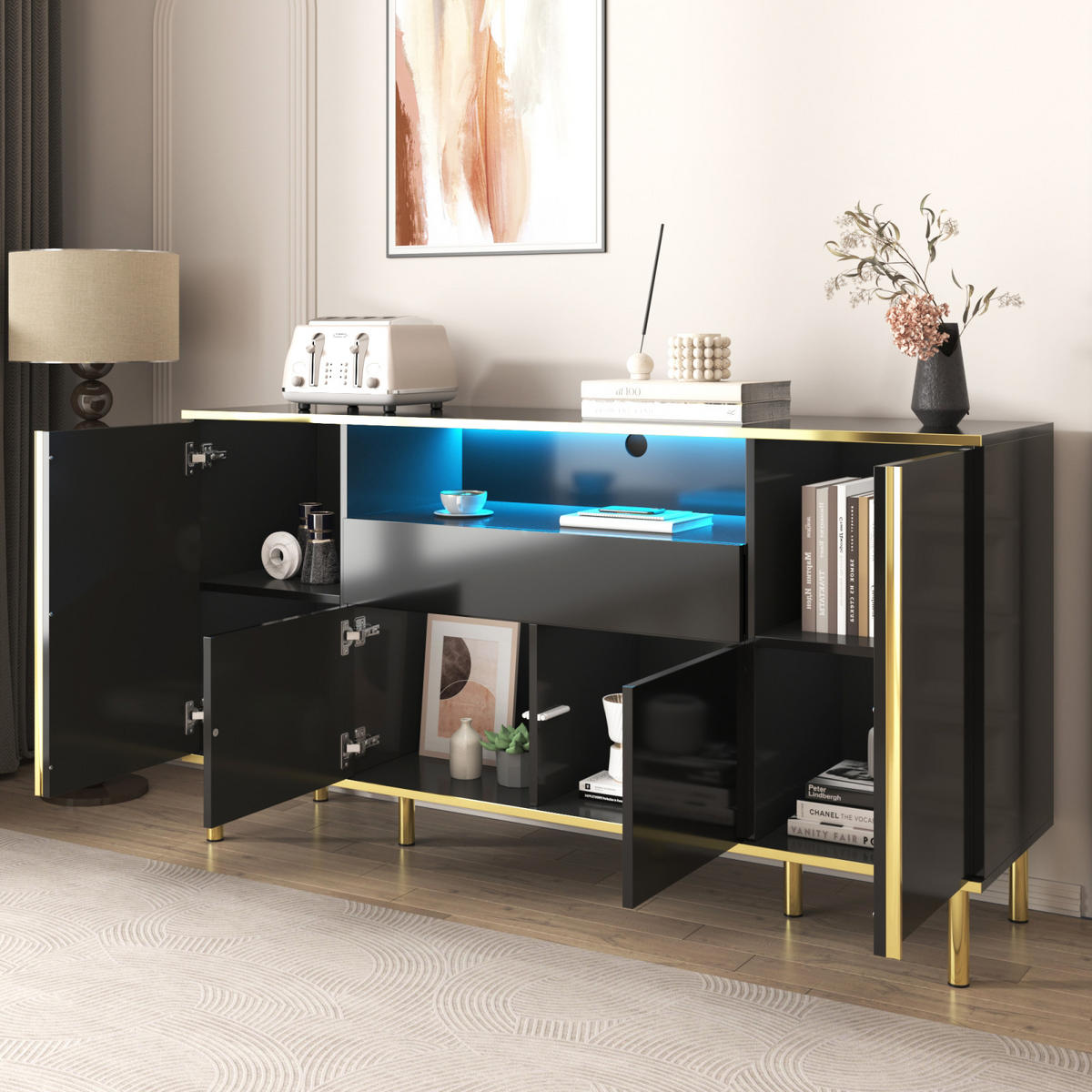 SIDEBOARD Schwarz, 4 Türen, 2 Schubladen, LED - Schwarz, Holz (150/80/40cm)