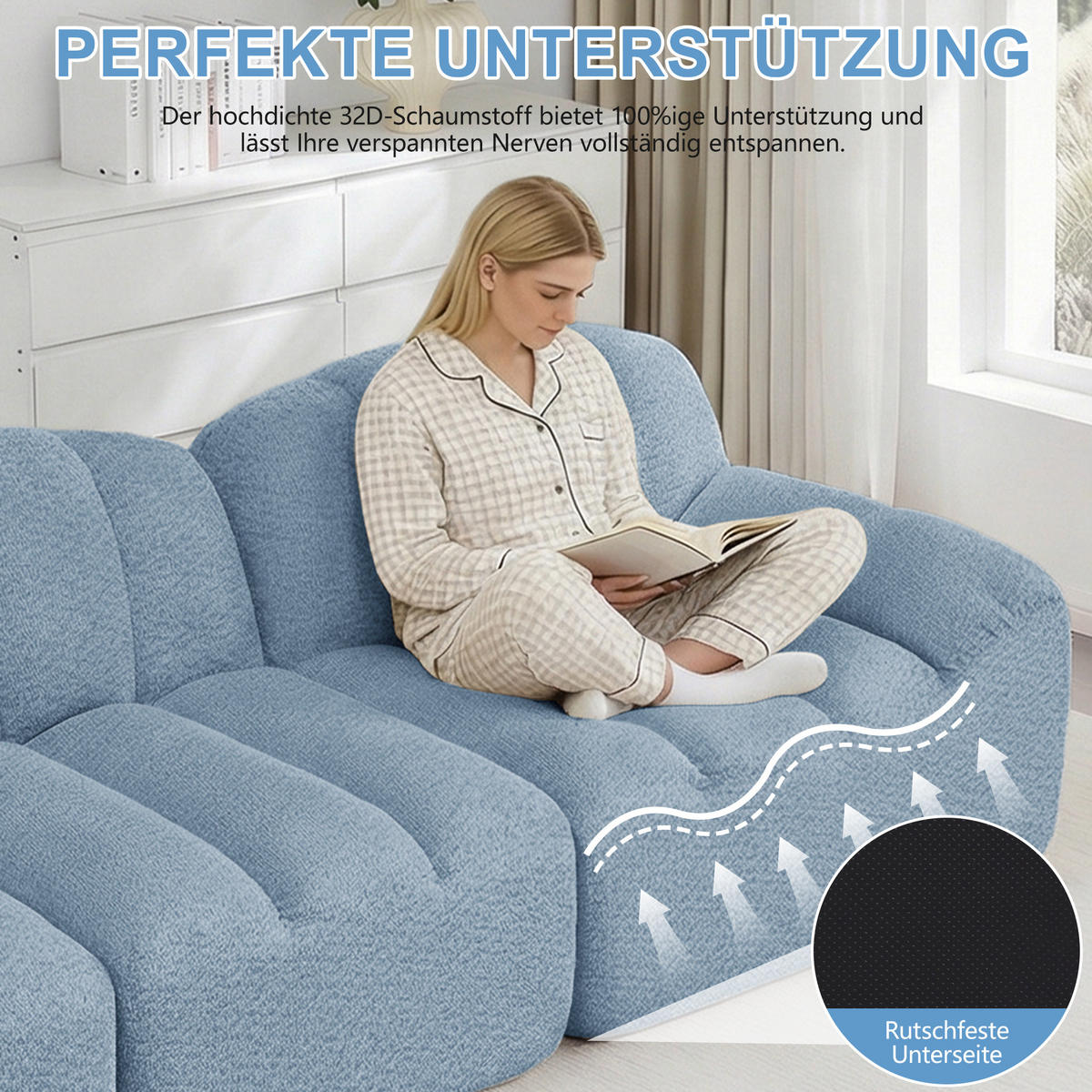 MODULARES 4-Sitzer-Sofa aus granuliertem Fleece mit ergonomischer Muschelform Blau - Blau, Textil (104/79/366cm) - Modenvie