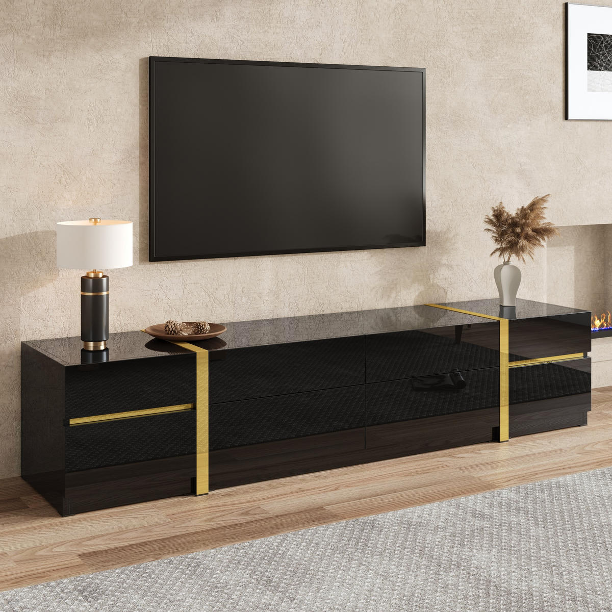 TV-SCHRANK Lowboard Hochglanz Goldkante Türen Schubladen - Schwarz, Holz (180/38/40cm) - LEBENLANG