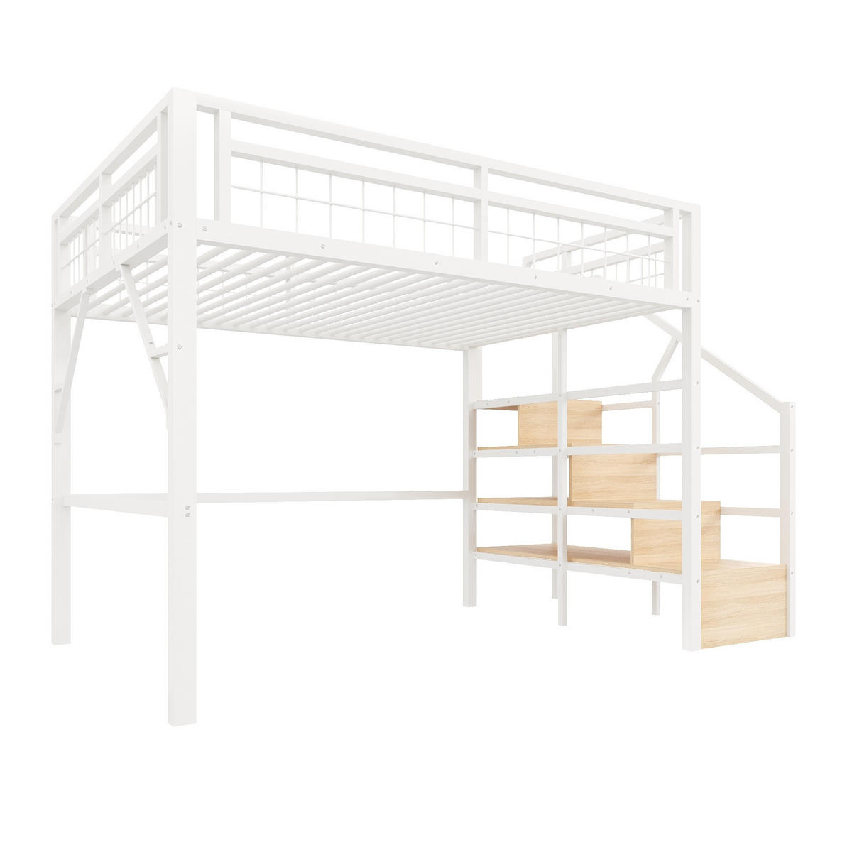 HOCHBETT 140/200 cm weiß aus Metall und MDF mit LED und Treppe mit Stauraum - Weiß, Metall (140/200cm) - OKWISH