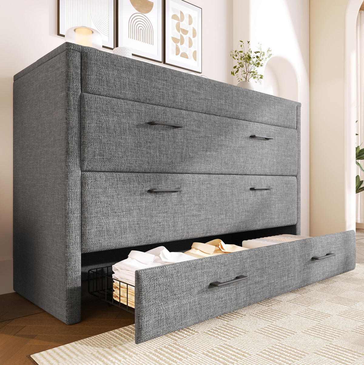 SCHRANKBETT aus Leinen 140x200 cm Grau mit USB- und Typ-C-Anschlüssen, Schublade und wandelbarem Ablagefach - Grau, Textil (90/200cm) - Modfu