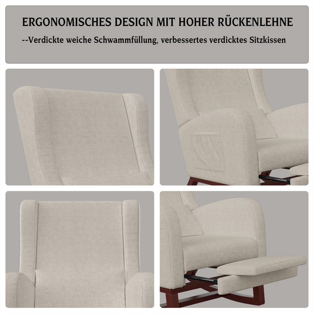 SCHAUKELSTUHL mit integrierter Fußauflage - mit beidseitigen Taschen - Baumwolle-Leinen-Gemisch - Beige - Beige, Textil (64/99/67cm) - DELFA