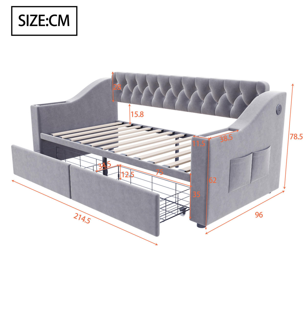 ČALOUNĚNÁ postel ze sametu Spací, 214,5/96/78,5 cm světle šedá, s USB a 2 úložnými zásuvkami - světle šedá, textil (90/190cm) - BEAOK