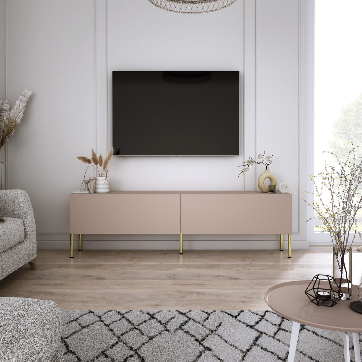 TV-SCHRANK : Karamellbraun, 140 x 52 x 32 cm, Goldene Beine - Goldfarben/Braun, Holzwerkstoff/Metall (140/52/32cm) - 3XE LIVING