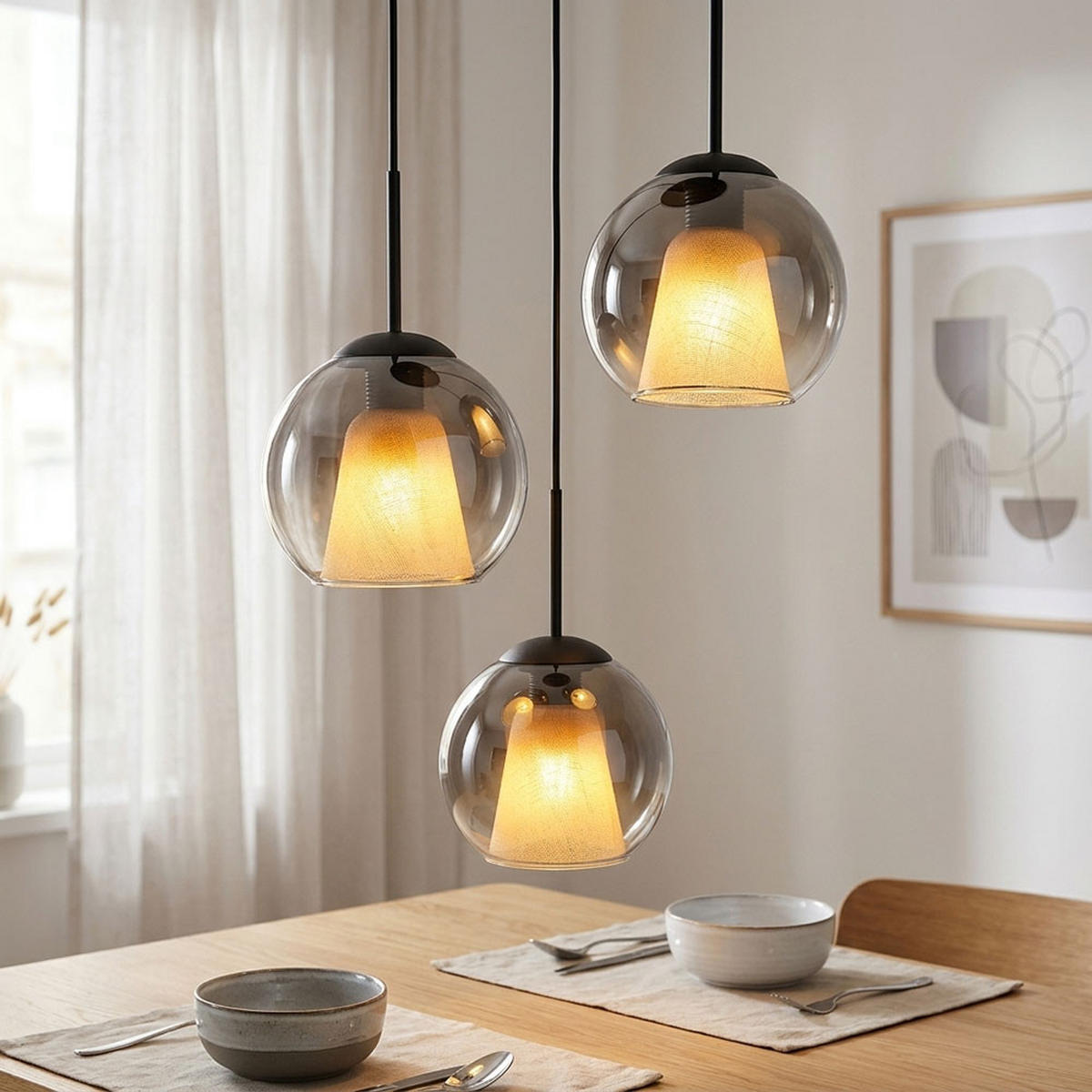 PENDELLEUCHTE BARRY Metall Glas Schwarz, 3-flammig - Schwarz, Glas (45/45/120cm) - Globo Lighting