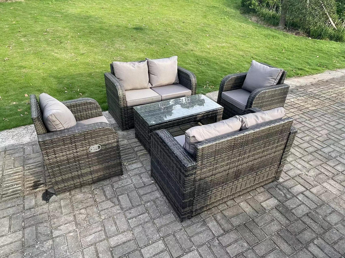 GARTEN-SOFA SET MIT COUCHTISCH LOUNGE LOVESEAT Polyrattan Patio 6-Sitzer - Dunkelgrau/Grau, Glas/Kunststoff - Fimous