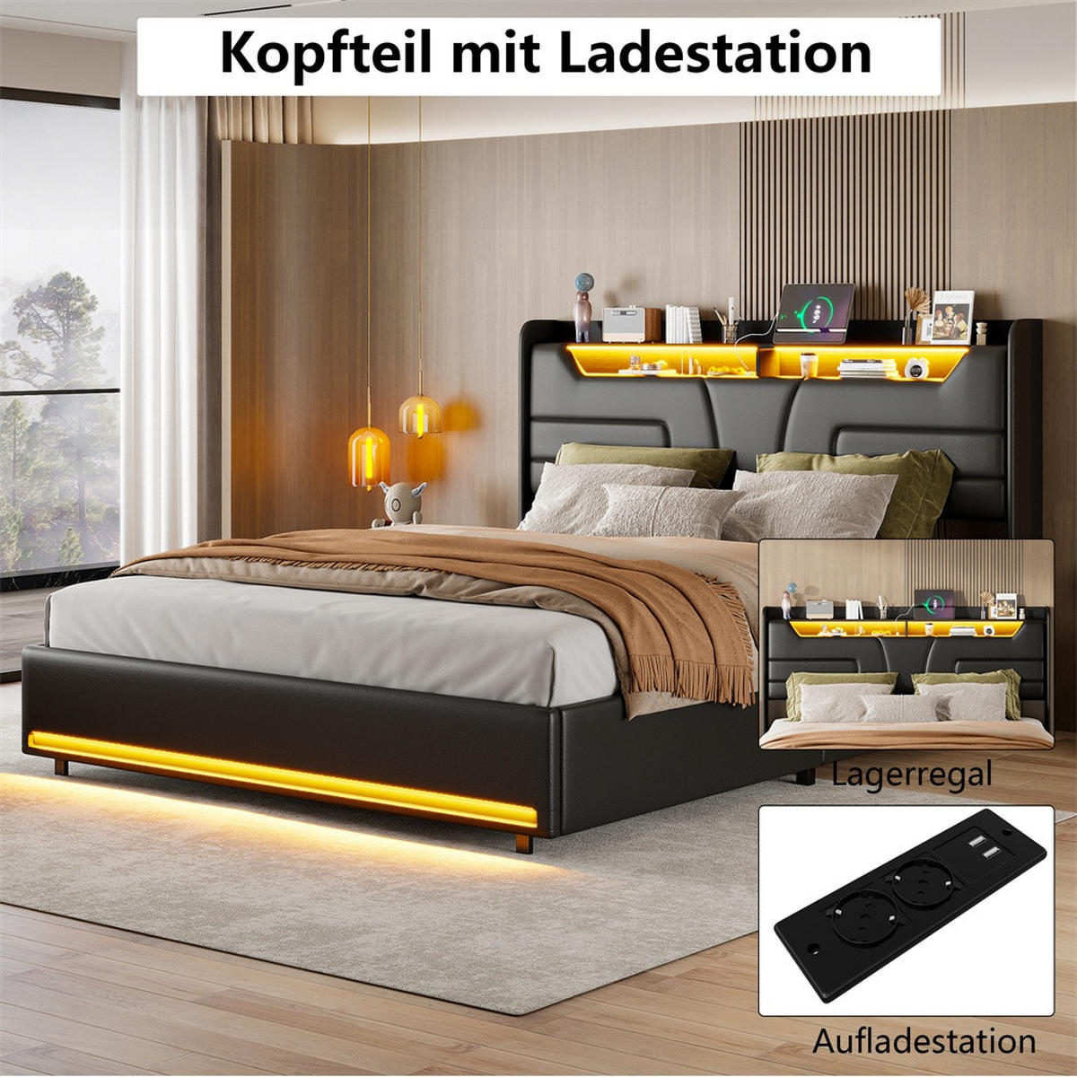 POLSTERBETT 140x190cm mit Hydraulischem Stauraum - RGB-LED-Beleuchtung - Ladefunktion am Kopfteil - ohne Matratze - Schwarz - Schwarz, Leder (140/190cm) - DELFA