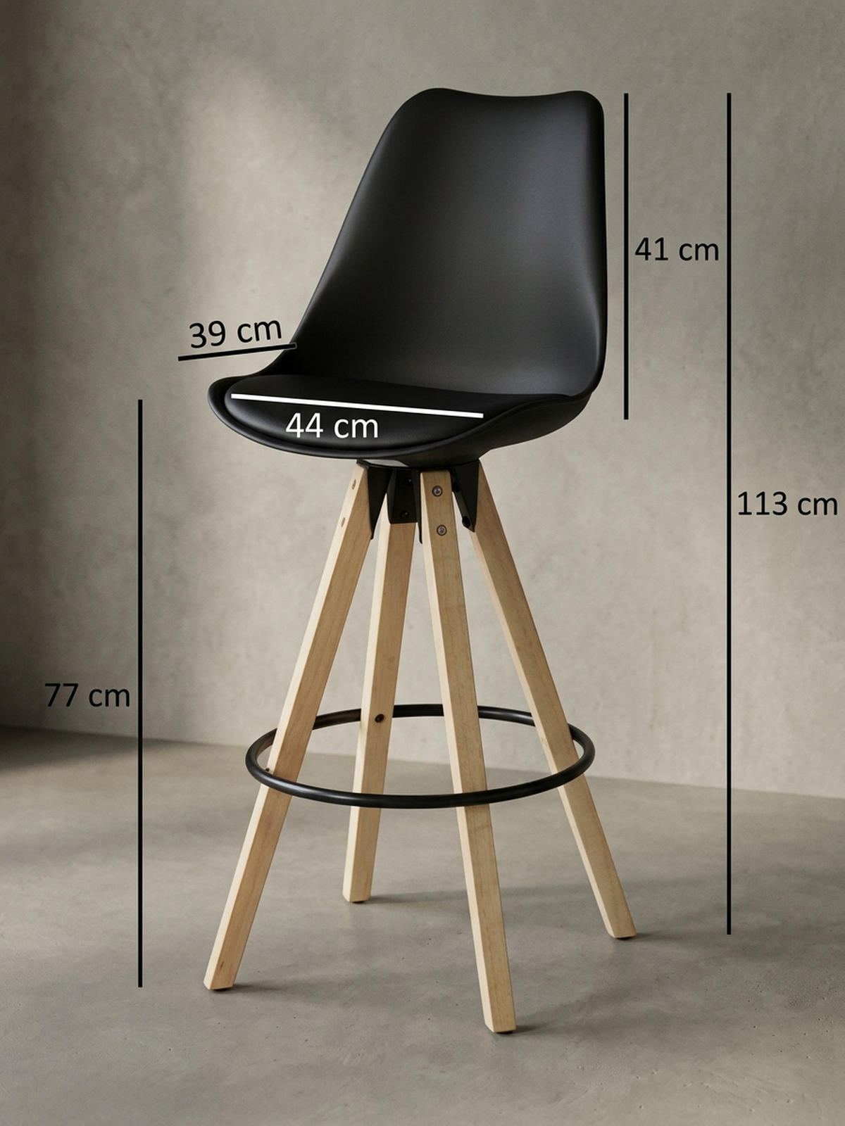 BARHOCKER Set - Ergonomisch Sitzschale, Holzbeine, Schwarz 45x45x113 cm - Beige/Schwarz, Holz/Kunststoff (45/113/45cm) - KADIMA DESIGN