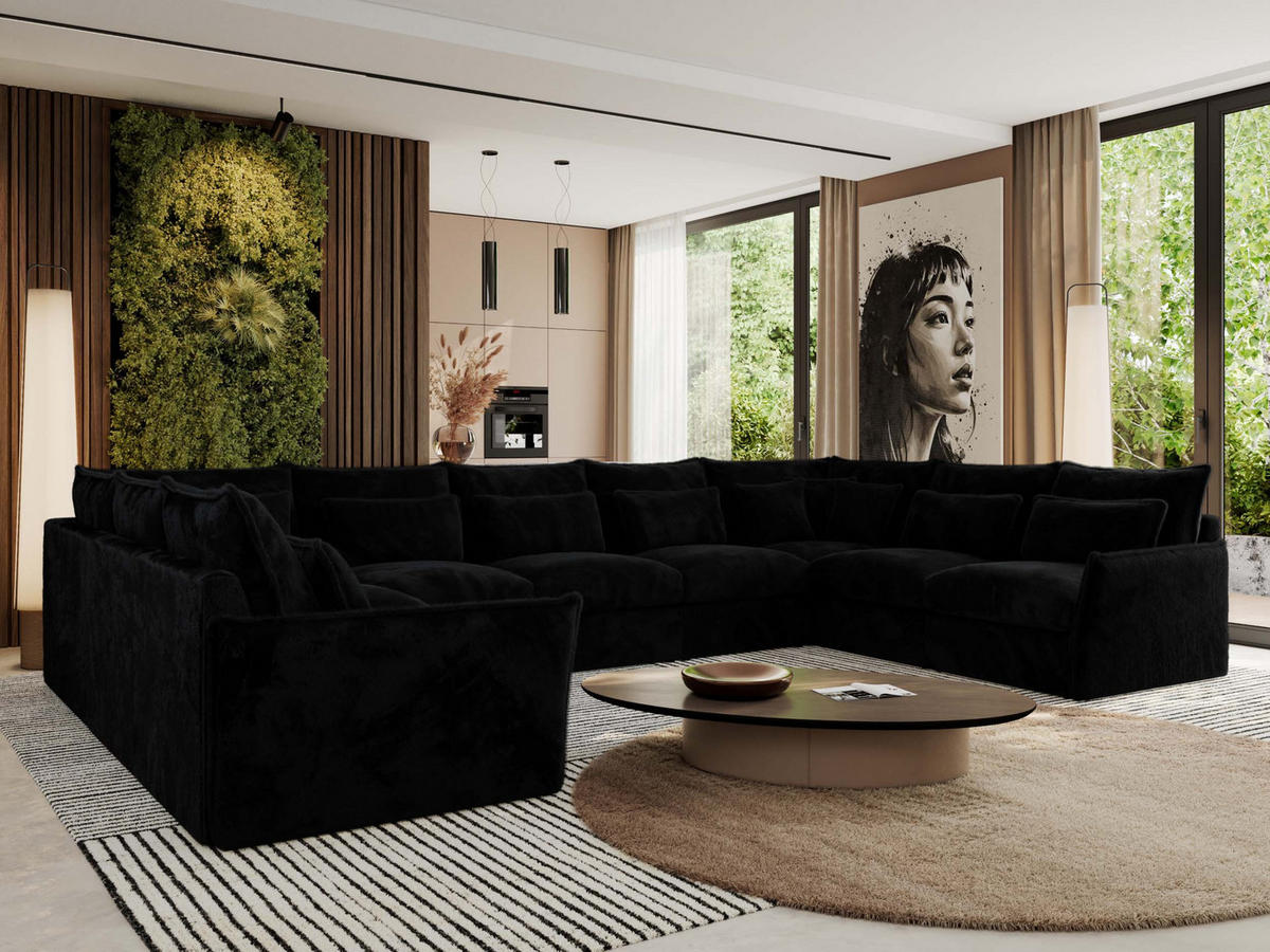 WOHNLANDSCHAFT VERSO U 9M Schwarz Plüsch - Schwarz, Kunststoff/Textil (442/93/270cm) - MKS