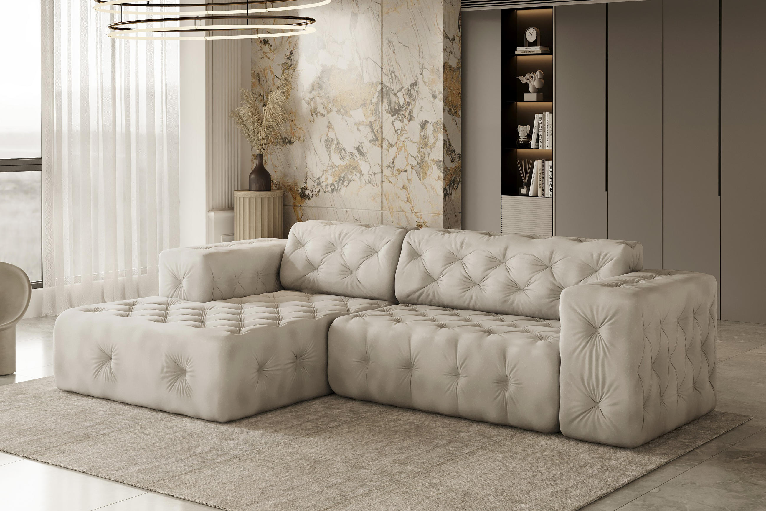 ECKSOFA L-Form Gesteppt LUX Stoff Whisper Links Creme - Creme, Holz/Kunststoff (165/266cm) - Kaiser Möbel