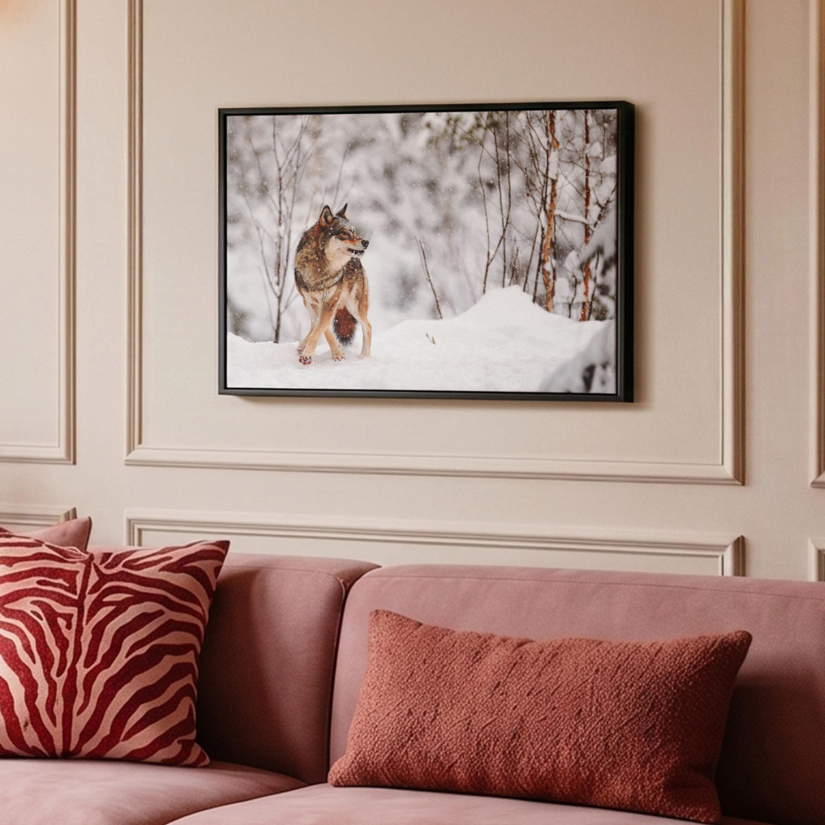 LEINWAND Bilder mit Rahmen - Wolf - Winter - Schnee - Natur - Tiere - 60x40 - Haselnussfarben, Textil (60/40cm) - MuchoWow