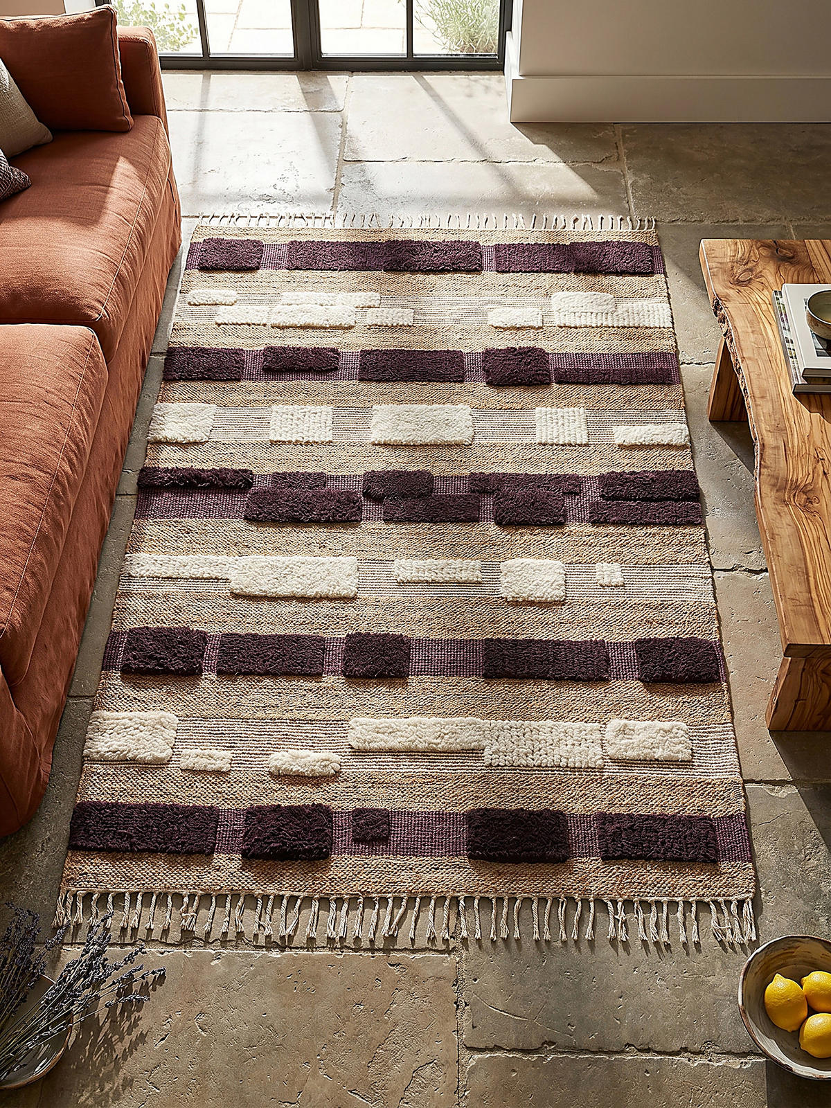 TEPPICH Hoch-Tief Struktur Gestreift, Patchwork-Optik, mit Fransen wendbar, Esszimmer schmutzabweisend Natur-Lila Rechteckig 160x230 - Lila, Textil (230/160cm) - KADIMA DESIGN