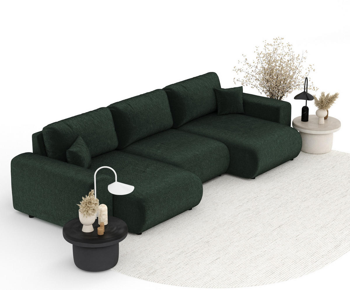 PANORAMASOFA Zanzibar Grün Chenille - Schwarz/Grün, Holz/Holzwerkstoff (325/79/144cm) - Maison de Reve
