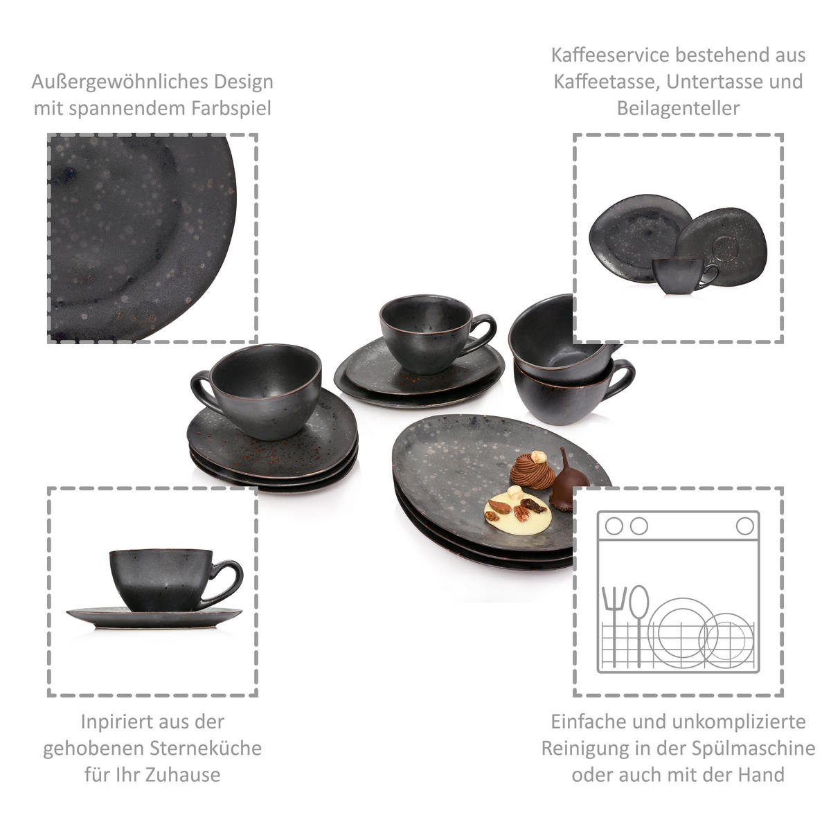 KAFFEESERVICE TOMBEY - 12 teilig aus Steingut - Dunkelgrau, Keramik (26/34/24.75cm) - Sänger