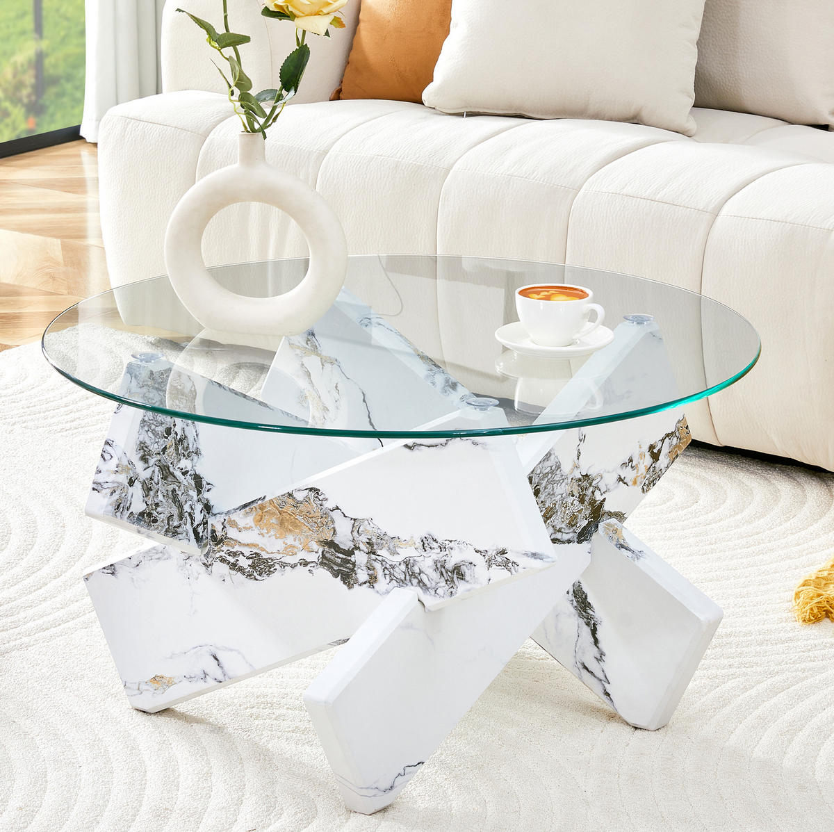 KLUBSKA miza iz MDF-ja in stekla, premer 79 cm, prozorna/bela - prozorna, leseni material (79/79/45cm) - BEAOK